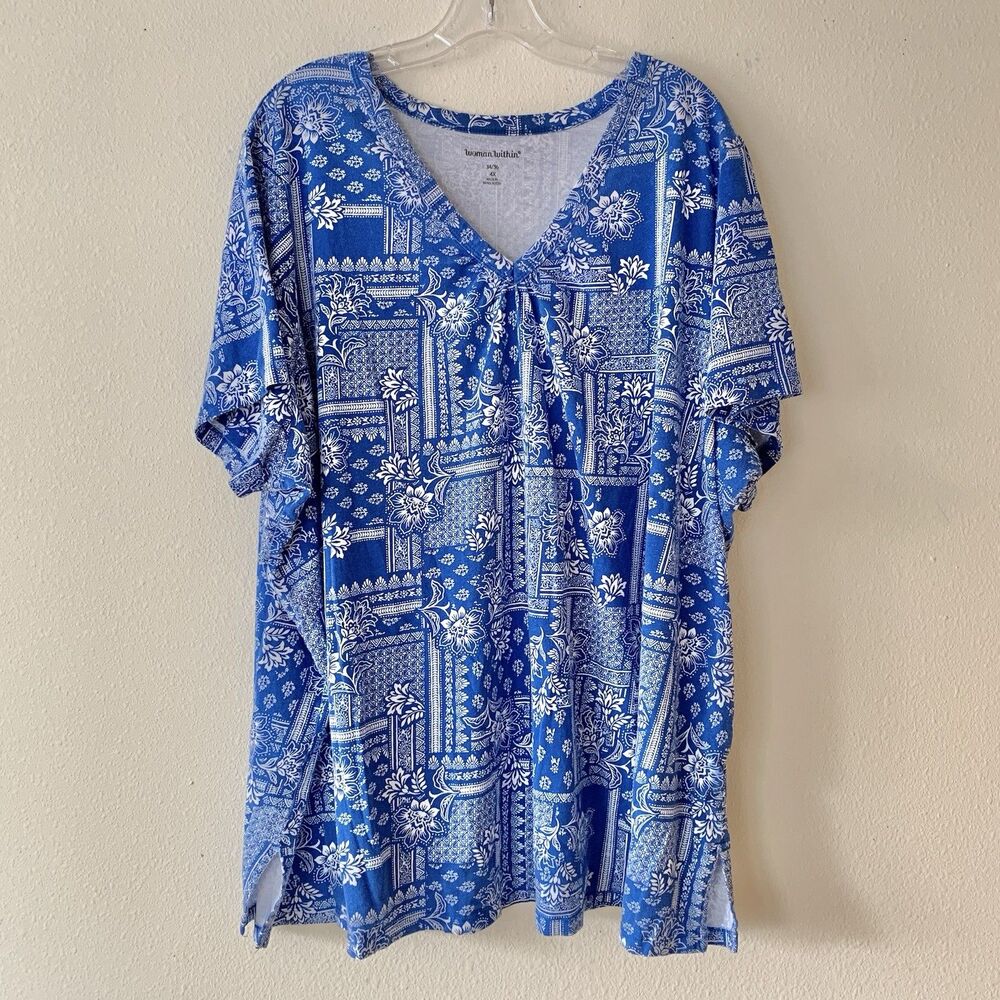 Woman Within Short Sleeve Cotton V-neck T-shirts Lot Of 3 Blue White Patterns 4X - Picture 2 of 16